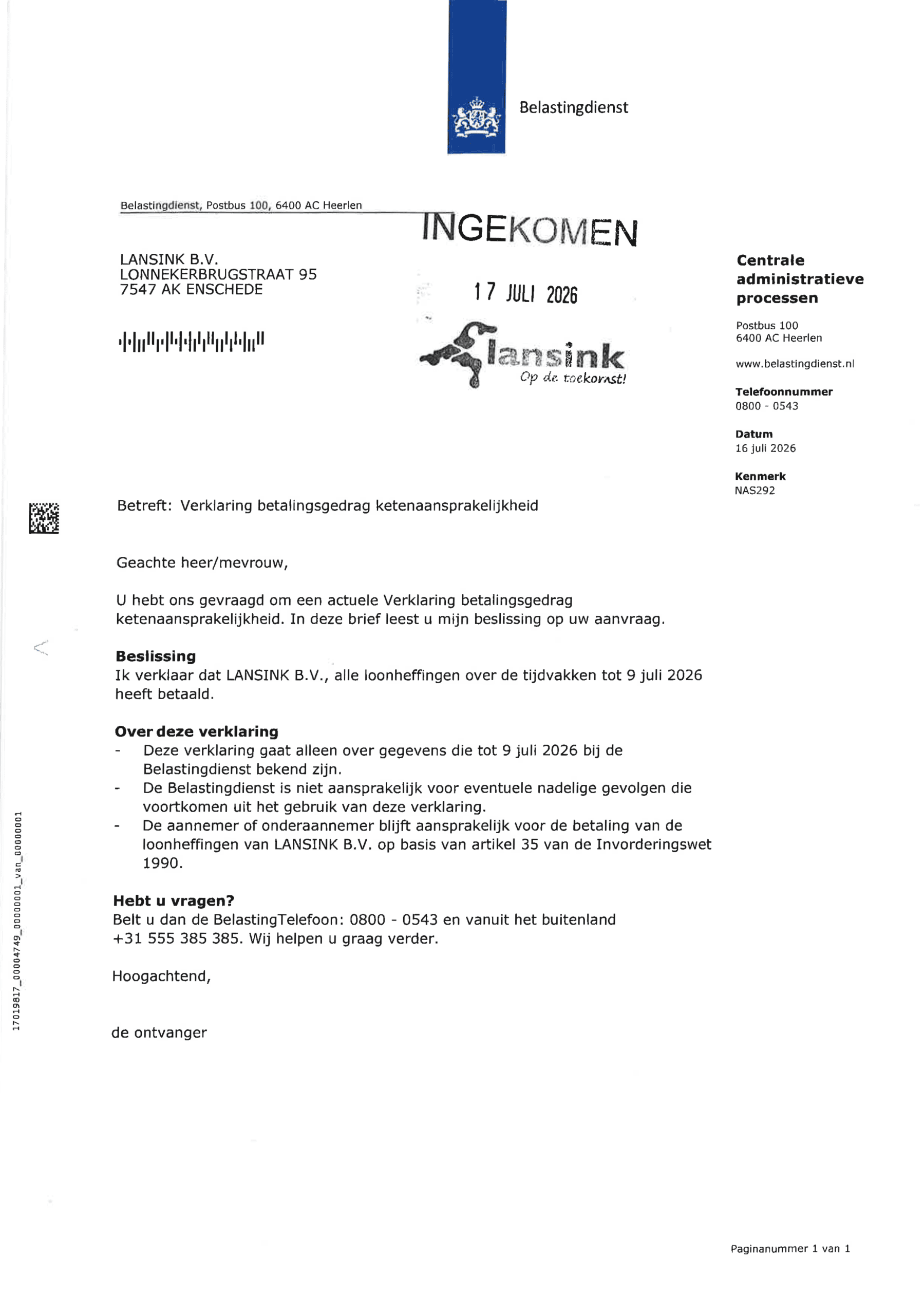 Verklaring betalingsgedrag ketenaansprakelijkheid