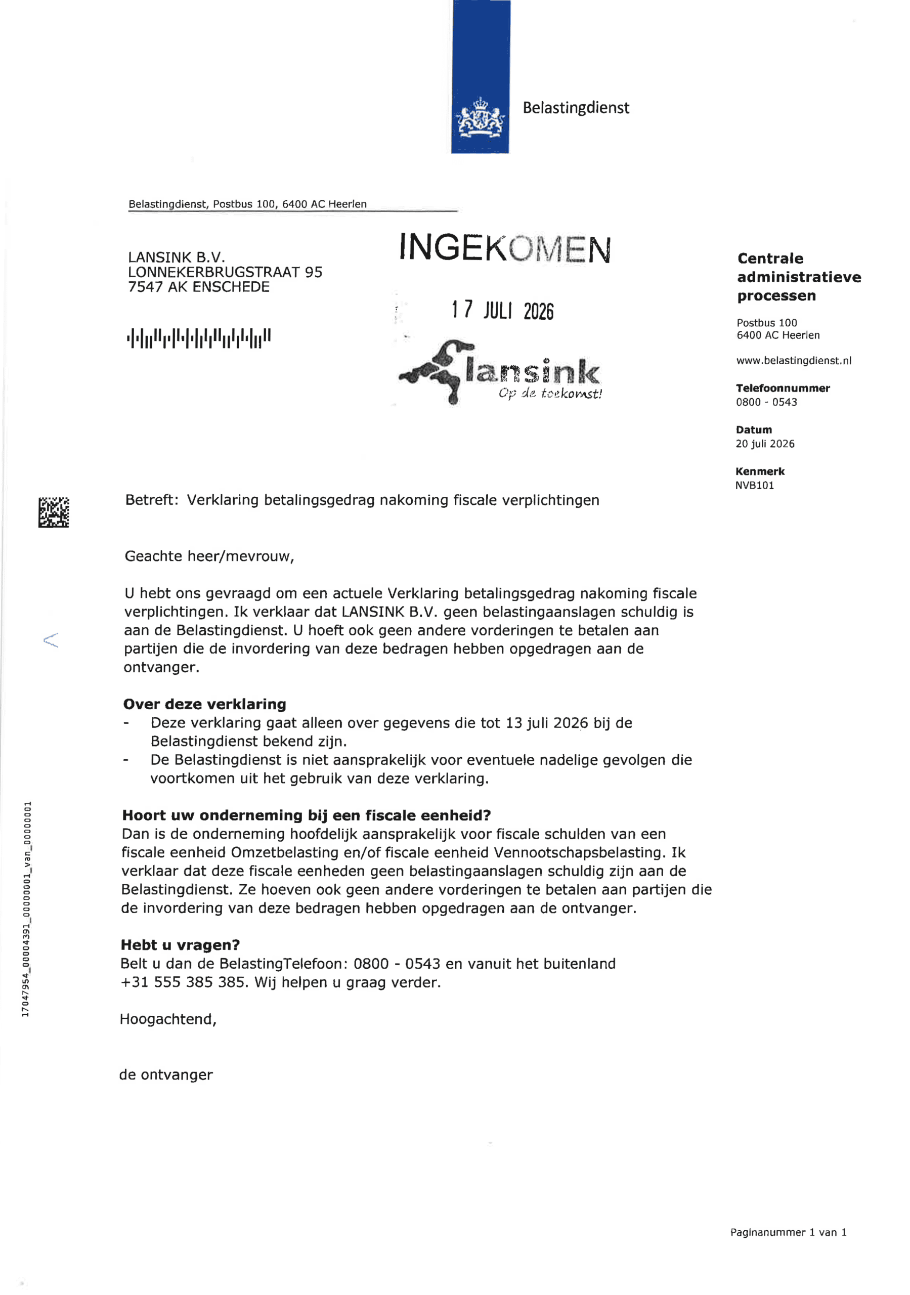 Verklaring betalingsgedrag nakoming fiscale verplichtingen